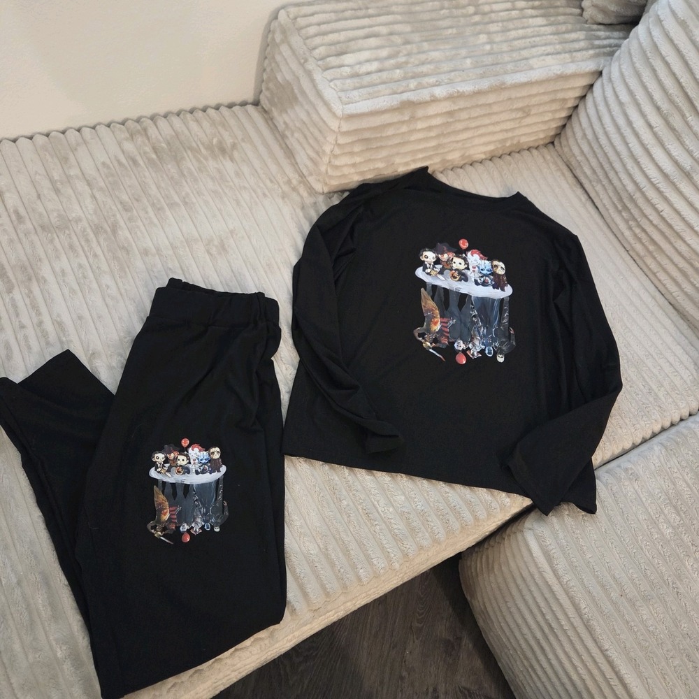 Chibi Horror Movie Characters Lounge Set Black Pajamas Top Joggers 1XL Womens